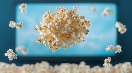 Flying popcorn in front of a screen, perfect for movie night or snack imagery, conveying fun and enjoyment of cinema.