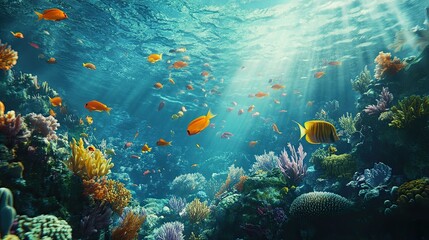 Seascape image of a shoal of vivid fish swimming through the blue ocean, coral gardens below, sunlight filtering through the water, highlighting the vibrant marine life