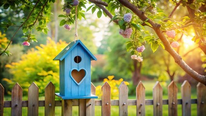 Blue birdhouse decorated with hearts hanging from a tree by a fence in a charming garden setting
