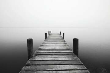 A serene, misty image of a wooden pier extending into a calm lake, symbolizing peace and solitude in monochrome style.