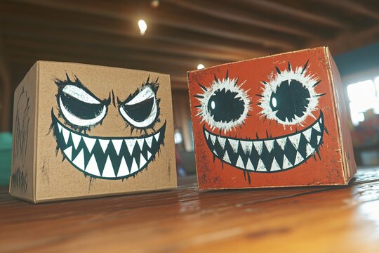 Two Cartoon Boxes With Evil Faces