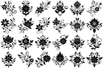 A set of black floral calligraphic element silhouettes