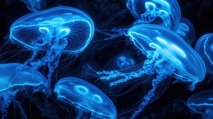 Obraz premium Surreal underwater scene featuring jellyfish illuminated in blue neon light, their delicate forms drifting in a dark, shadowy background