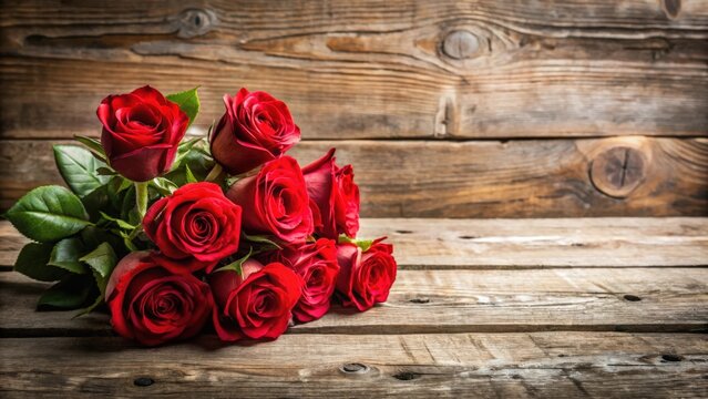 Happy retirement card with a bouquet of red roses on a rustic wooden background
