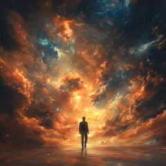 Fototapeta premium Man Standing Between Fiery Past and Serene Future