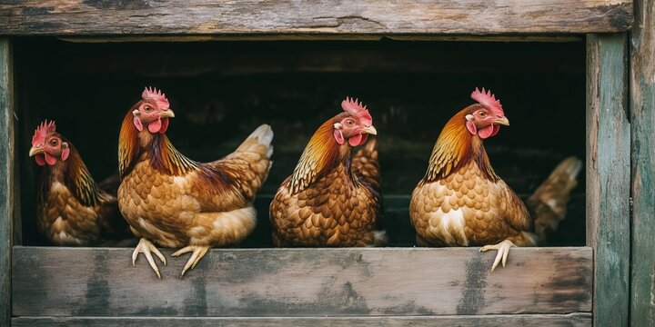 Four hens sitting together inside a rustic wooden coop, reflecting serene rural life and the simplicity of farm living.