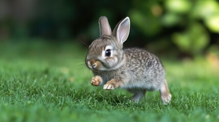 Fototapeta premium Tiny baby bunny hopping playfully and biting the grass in a green yard, highlighting its adorable behavior and making it a favorite pet choice