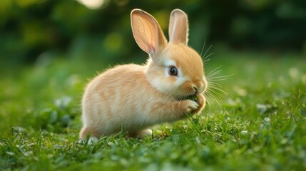 Fototapeta premium Tiny baby bunny hopping playfully and biting the grass in a green yard, highlighting its adorable behavior and making it a favorite pet choice