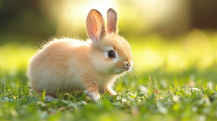 Fototapeta premium Tiny baby rabbit hopping in a lush green yard, pausing to bite the grass, capturing the adorable moments of this popular pet in action