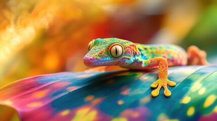 A close-up of a vibrant gecko on a colorful leaf in a tropical rainforest.