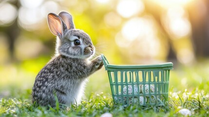 Tiny newborn bunny rabbit curiously pushing an empty green shopping basket on grass, with a nature background symbolizing Easter celebrations and online shopping