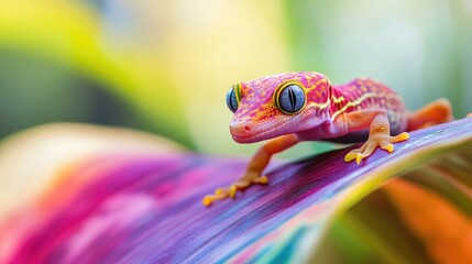 Obraz premium A close-up of a vibrant gecko on a colorful leaf in a tropical rainforest.