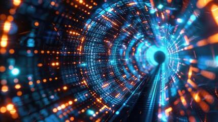Fototapeta premium A mesmerizing digital tunnel with vibrant blue and orange lights, creating an illusion of movement and depth in a futuristic design.