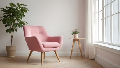 A pink upholstered armchair with wooden legs in a bright, minimalist room with large windows.