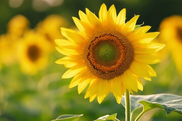A close-up view of a sunflower in bloom, standing out under the sunlight in a vast field of sunflowers, exuding brightness.