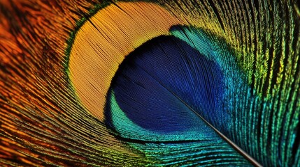 Obraz premium A close-up of a vibrant peacock feather with intricate patterns and colors.