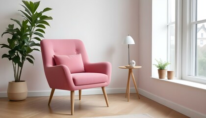 Fototapeta premium A pink upholstered armchair with wooden legs in a bright, minimalist room with large windows.