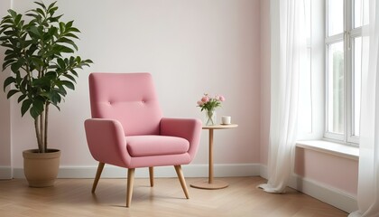 A pink upholstered armchair with wooden legs in a bright, minimalist room with large windows.