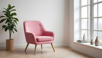 Fototapeta premium A pink upholstered armchair with wooden legs in a bright, minimalist room with large windows.