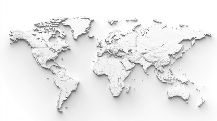 An isolated world map with detailed coastlines and minimalistic country borders, set on a pure white background.