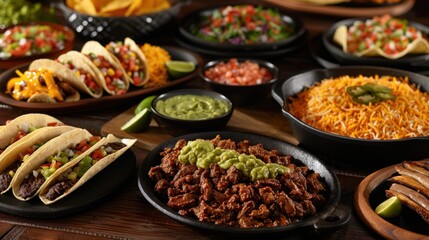 Obraz premium A vibrant display of tacos, guacamole, and festive dishes celebrates Mexican culture and tradition