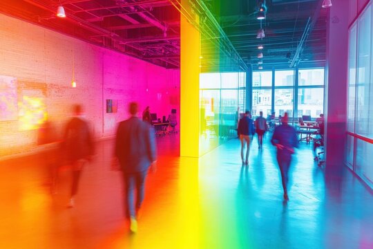 People moving through a vibrant office space decorated with rainbow-colored elements, captured with a motion blur effect, symbolizing inclusivity and LGBT pride