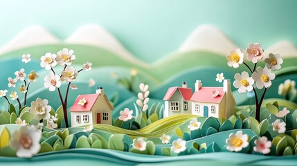 Fototapeta premium 28. A 3D paper art depiction of a European countryside, featuring rolling hills, quaint cottages, and blooming gardens. The scene includes soft colors and layered paper elements to create a