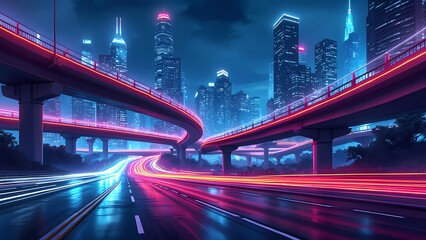 Fototapeta premium Futuristic Cityscape with Multi-Level Highways and Neon Trails