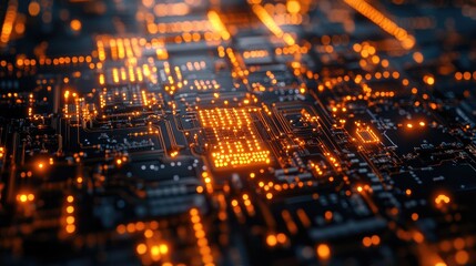 Obraz premium Close-up of a glowing circuit board with intricate patterns and illuminated pathways.