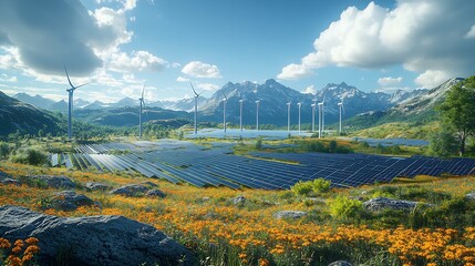 Obraz premium Futuristic clean energy farm with vertical wind turbines and solar panels spread across a landscape