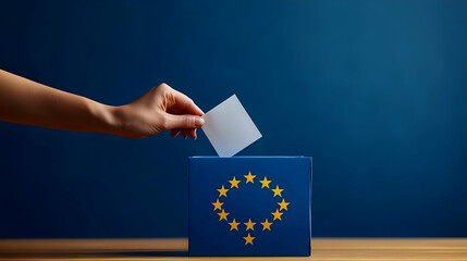 A hand casting a vote into a ballot box featuring the EU emblem.