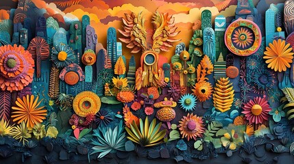 Naklejka premium 23. A 3D paper art scene with South American indigenous art, featuring intricate patterns, vibrant textiles, and traditional symbols. The artwork incorporates rich colors and detailed paper layers to