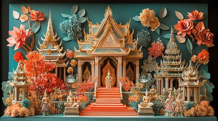 19. A 3D paper art scene with a Thai-inspired temple festival, featuring ornate paper temples, colorful decorations, and traditional dance performances. The design incorporates rich colors and