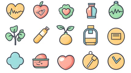 A vector set of icons related to health and wellness, including symbols for fitness, nutrition, and self-care.