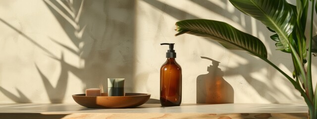 Fototapeta premium Natural skincare products in a serene setting with sunlight