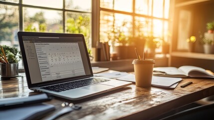 Fototapeta premium Digital marketing concept featuring a laptop screen displaying a content marketing calendar, set within a digital nomad's workspace. 