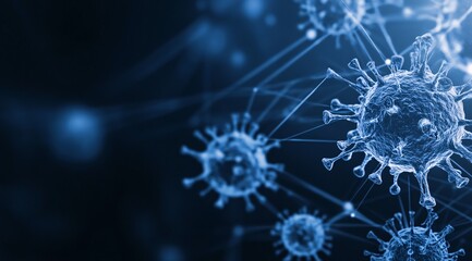 3D Illustration of Viruses in Blue Tones with Digital Network Connections