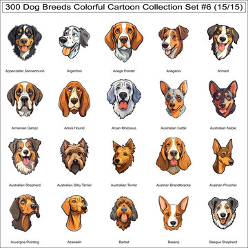 Colorful Cute Dog Breeds Cartoon Characters Bundle Collection Set 6 of 300 Dog Faces Isolated Part 15