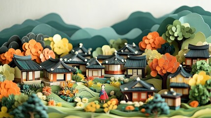 2. A 3D paper art depiction of a Korean-inspired village with traditional hanok houses, vibrant hanbok figures, and lush landscapes. The design includes textured paper layers in warm colors,