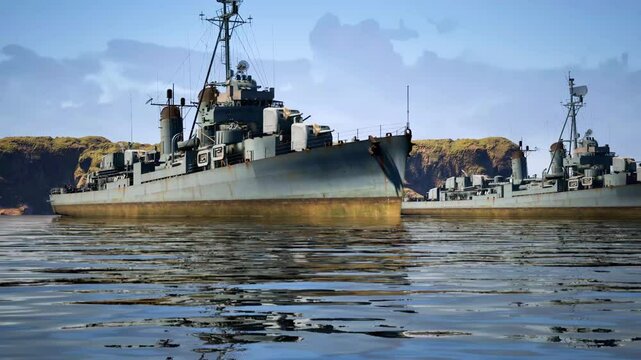 An onboard view of an unmanned autonomous kamikaze sea drone attacking a military ship docked near land.