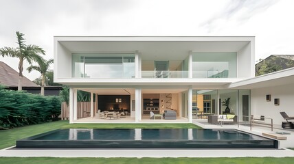 Fototapeta premium A modern two-story house with a predominantly white facade. The house features large glass windows and doors,allowing for ample natural light and offering a clear view of its interior