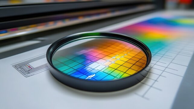 A magnifying glass positioned on a digital proof sheet, showcasing color calibration charts and alignment guides, utilized for quality inspection in digital printing 