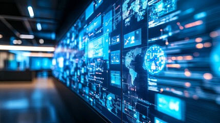 A modern digital marketing concept in a stylish agency office, featuring a large interactive screen displaying detailed customer journey maps.