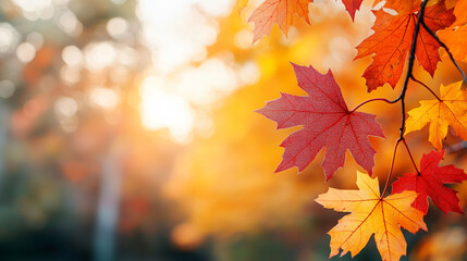 Fototapeta premium Vibrant autumn leaves in shades of red and orange, illuminated by golden hour light, create warm and inviting atmosphere.