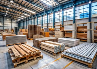 Spacious warehouse filled with various types of lumber, neatly organized pallets, and abundant natural light.