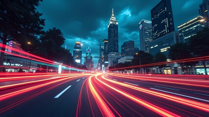 Fototapeta premium City Street at Night with Bold Neon Light Trails and Skyscrapers