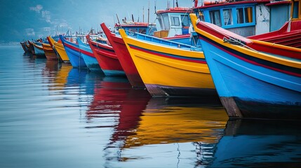 Obraz premium A colorful row of traditional fishing boats anchored in a calm harbor.