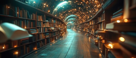 Enchanting Library Tunnel with Bookshelves and String Lights