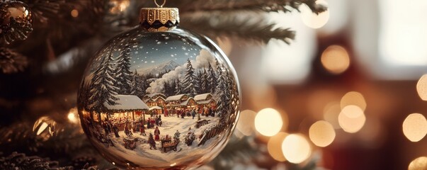 Ornaments displaying magical winter scenes with snowy landscapes and festive cabins inside