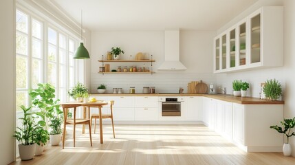 Bright and modern minimalist kitchen with white cabinets, green accents, and a spacious wooden floor, perfect for showcasing home decor.
